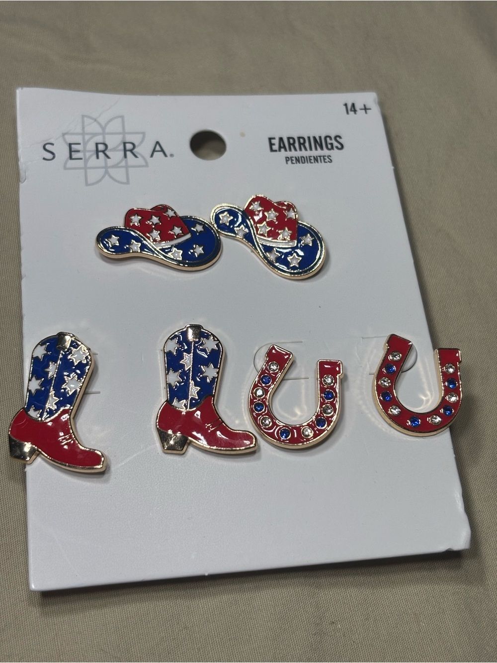 New Serra Red & Blue Patriotic Cowboy Boot and Horseshoe Earring Set